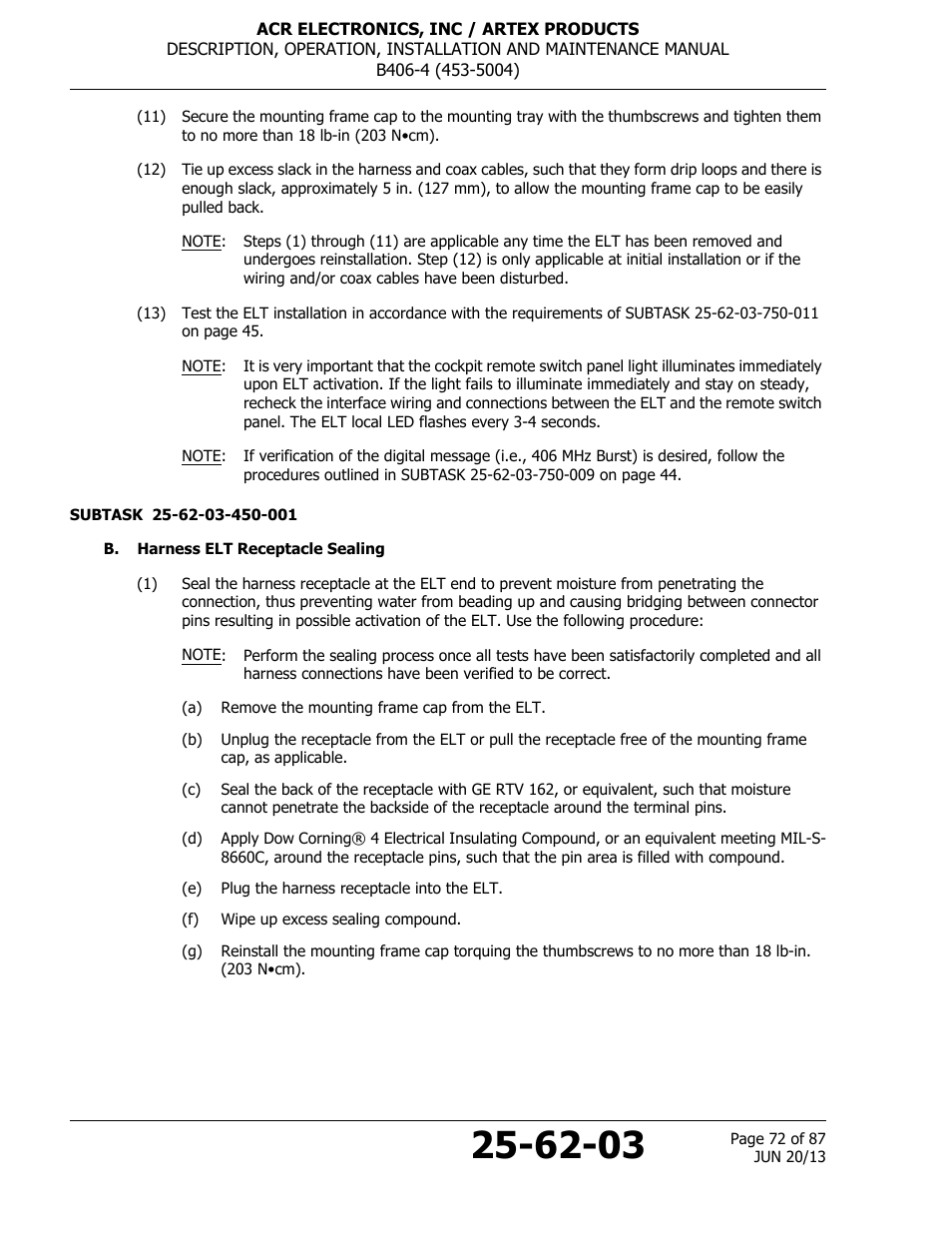 B. harness elt receptacle sealing | ACR&Artex B406-4 User Manual | Page 72 / 87