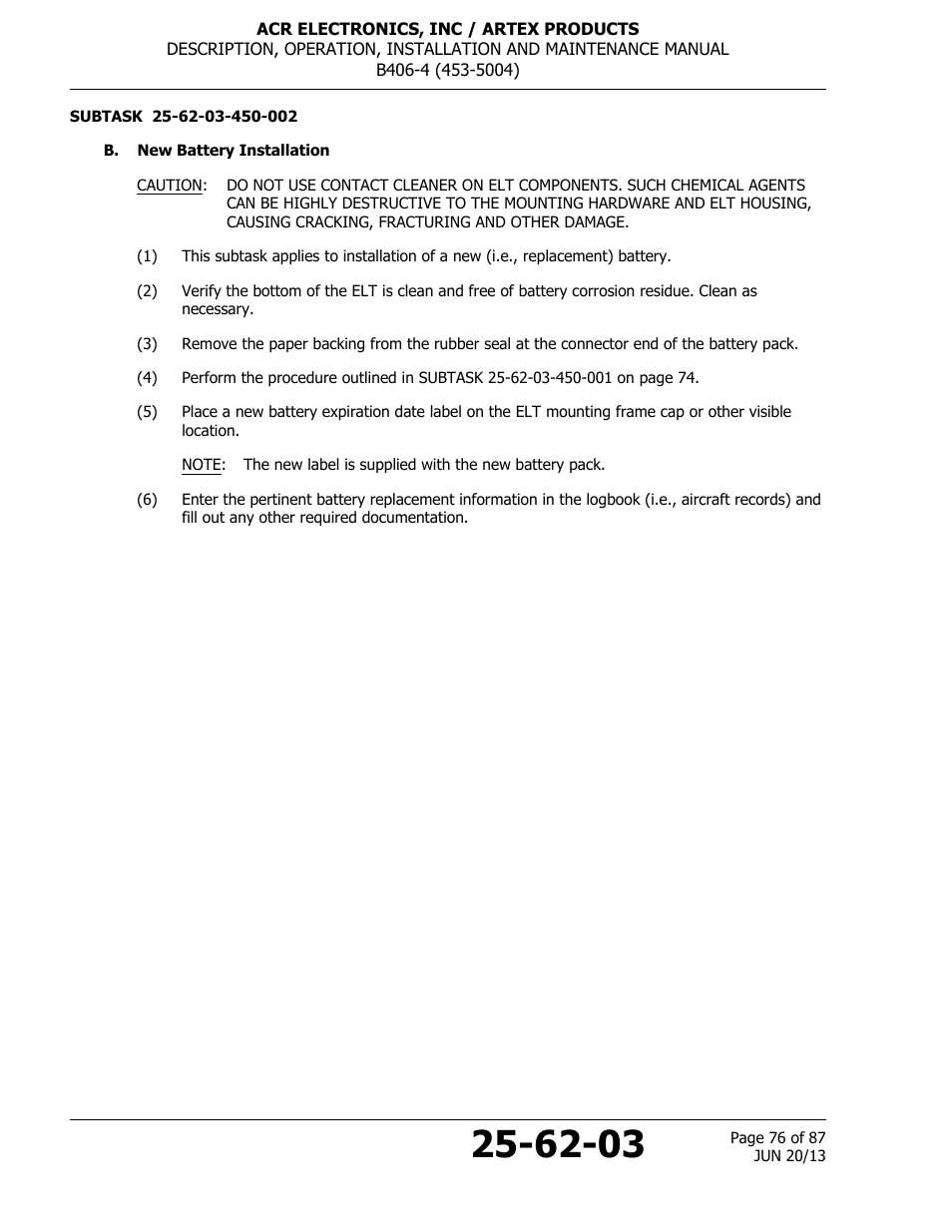 B. new battery installation | ACR&Artex B406-4 User Manual | Page 76 / 87