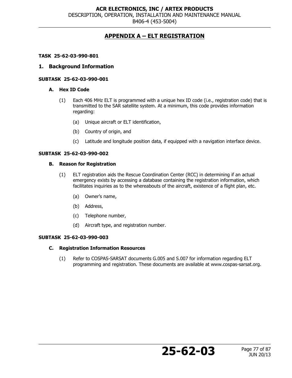 Appendix a – elt registration, Background information, A. hex id code | B. reason for registration, C. registration information resources | ACR&Artex B406-4 User Manual | Page 77 / 87