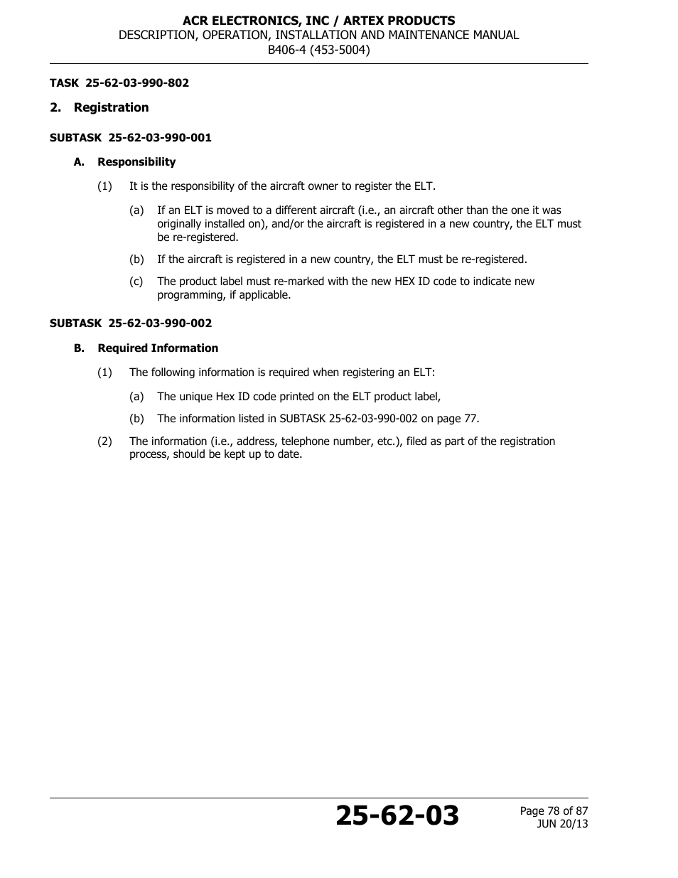 Registration, A. responsibility, B. required information | ACR&Artex B406-4 User Manual | Page 78 / 87