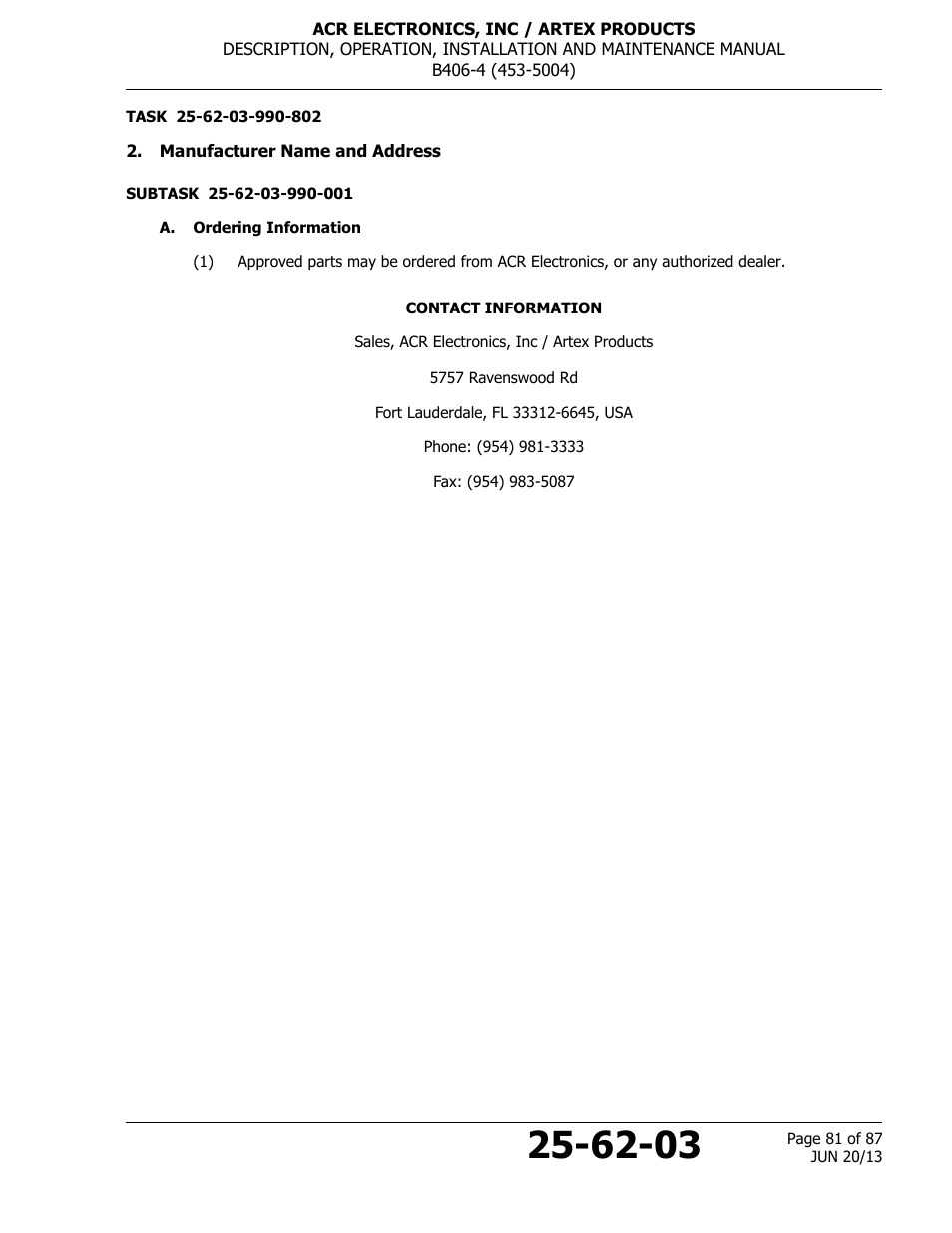 Manufacturer name and address, A. ordering information | ACR&Artex B406-4 User Manual | Page 81 / 87
