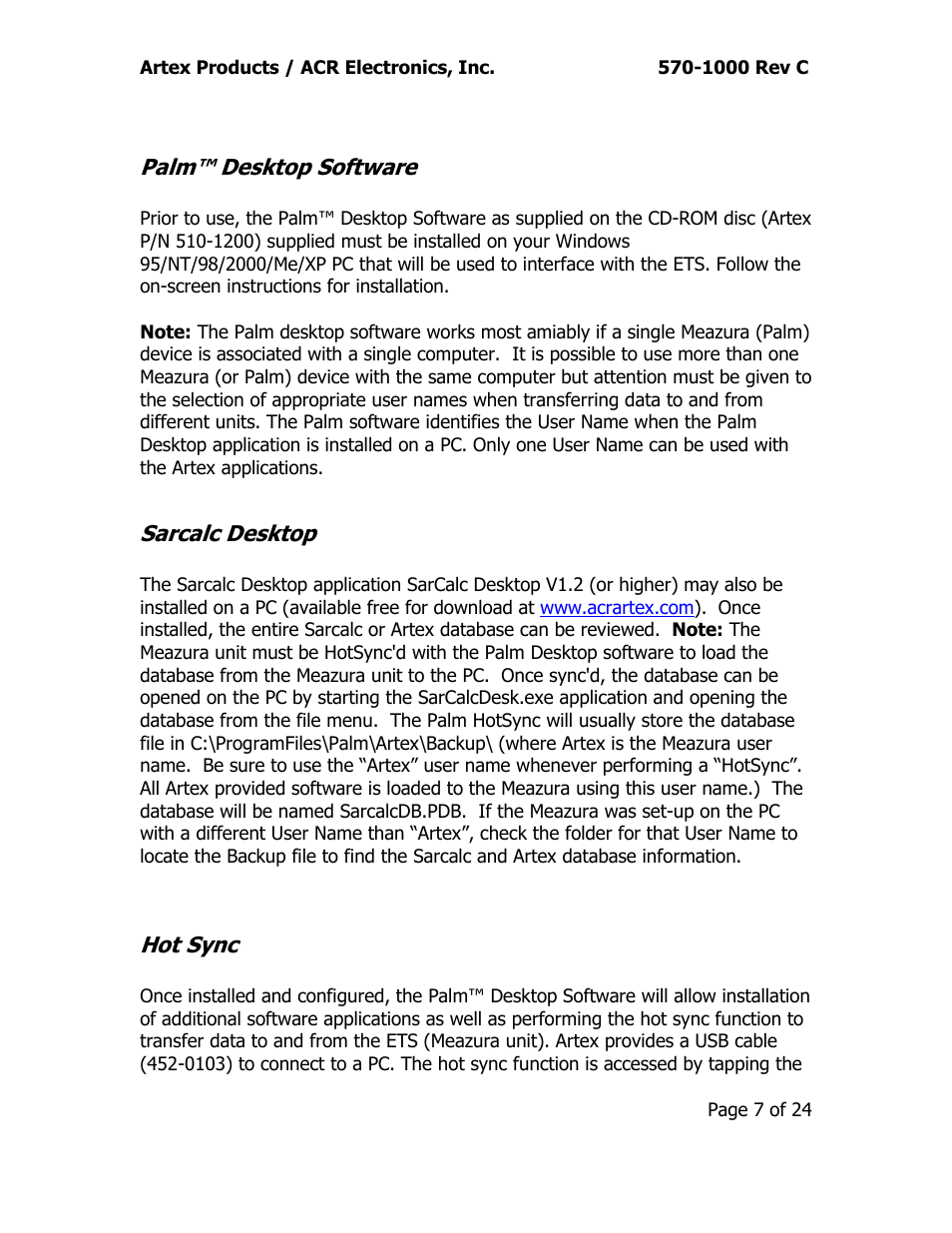 Palm™ desktop software sarcalc desktop hot sync, Palm™ desktop software, Sarcalc desktop | Hot sync | ACR&Artex ELT Test Set (ETS) User Manual | Page 11 / 28