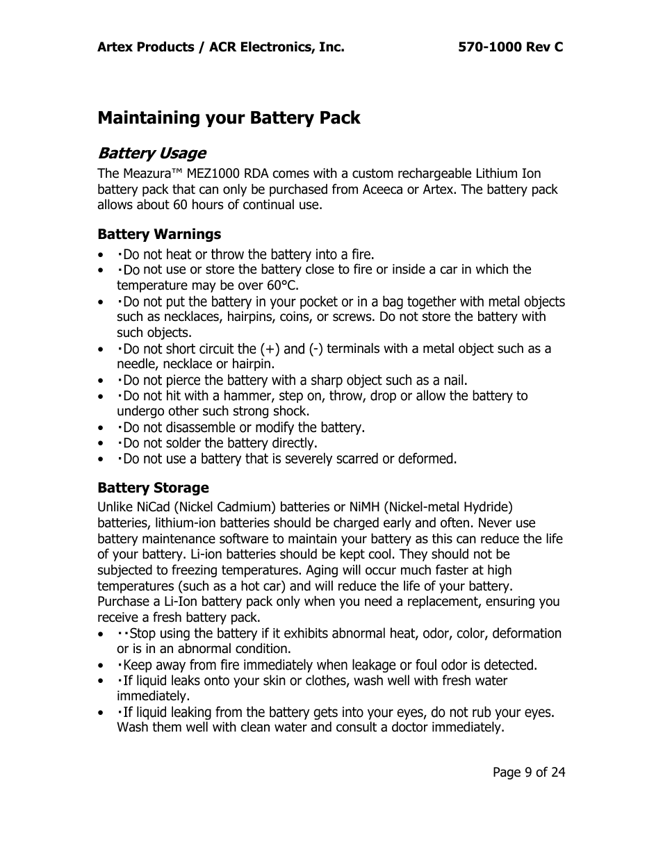 Maintaining your battery pack, Battery usage, Battery warnings battery storage | ACR&Artex ELT Test Set (ETS) User Manual | Page 13 / 28