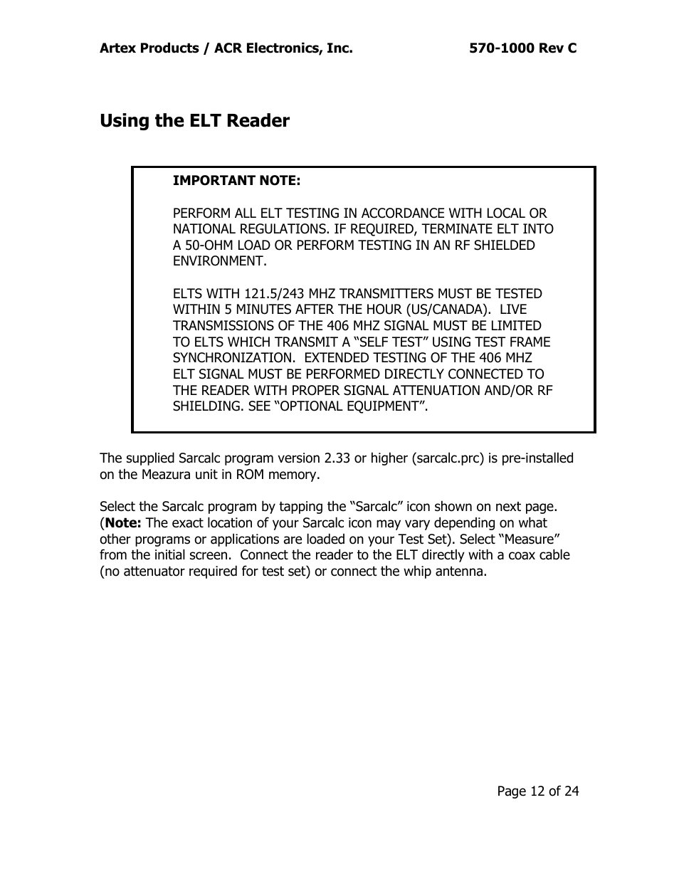 Using the elt reader | ACR&Artex ELT Test Set (ETS) User Manual | Page 16 / 28