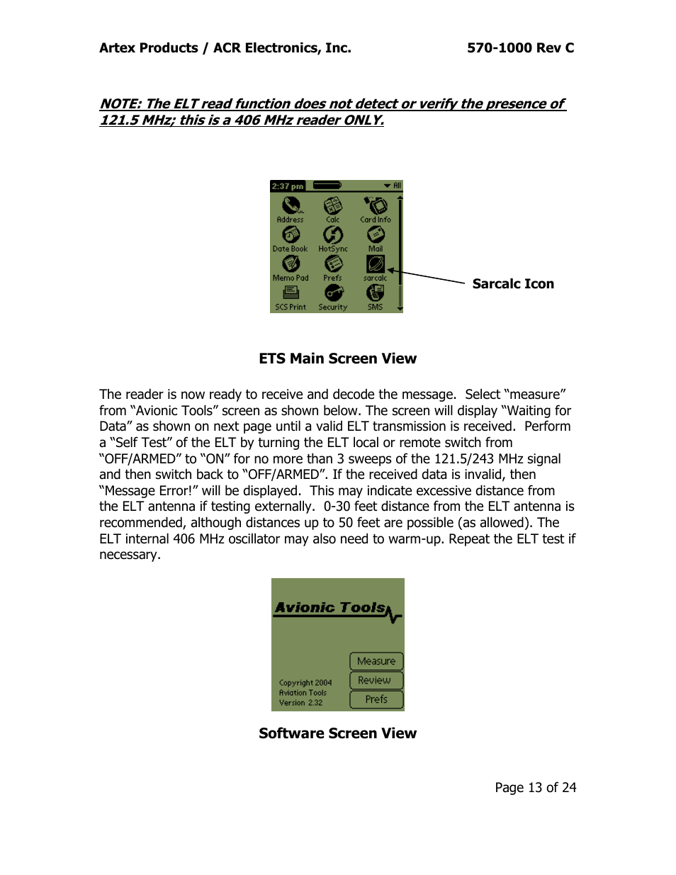 Ets main screen view software screen view | ACR&Artex ELT Test Set (ETS) User Manual | Page 17 / 28