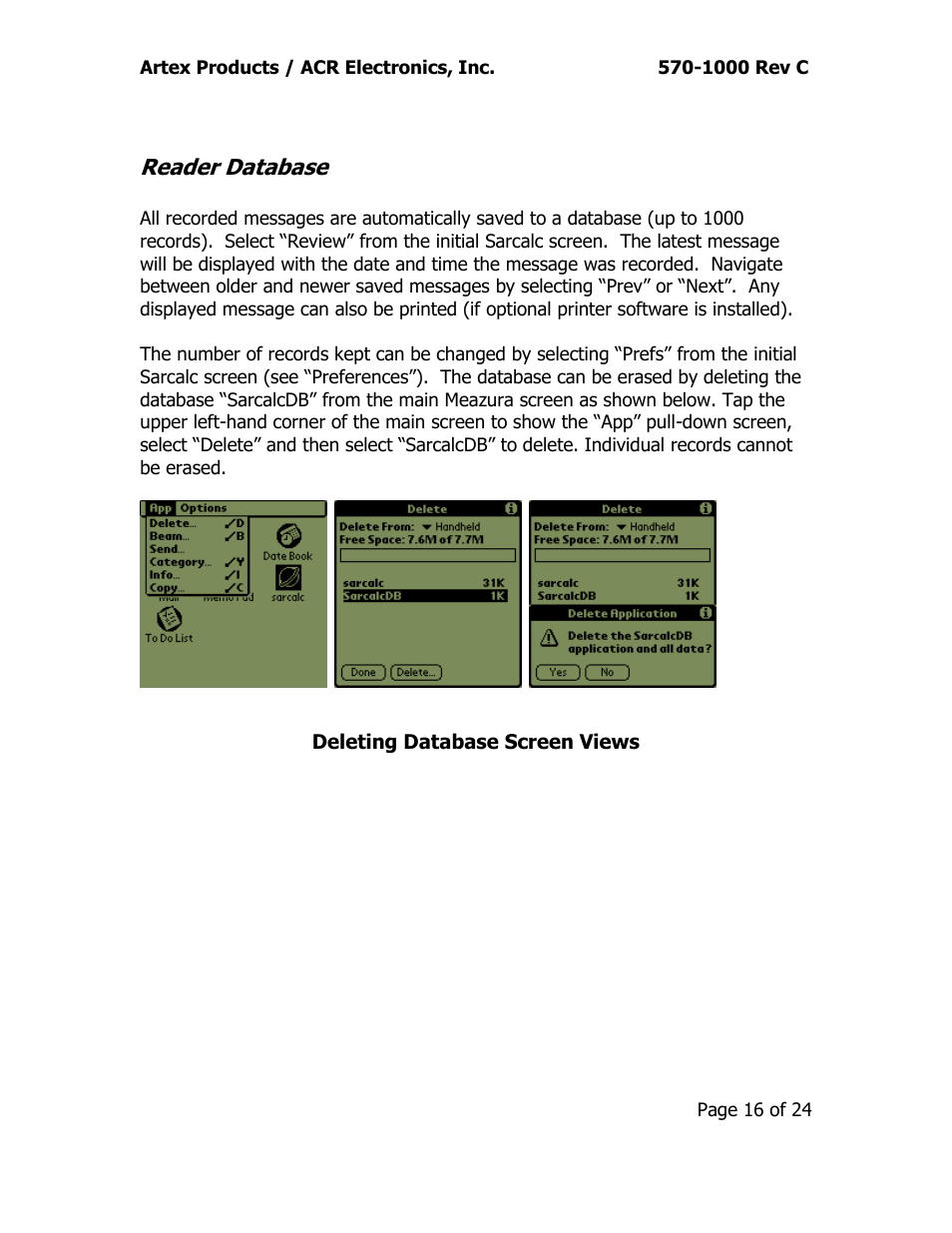 Reader database, Deleting database screen views | ACR&Artex ELT Test Set (ETS) User Manual | Page 20 / 28