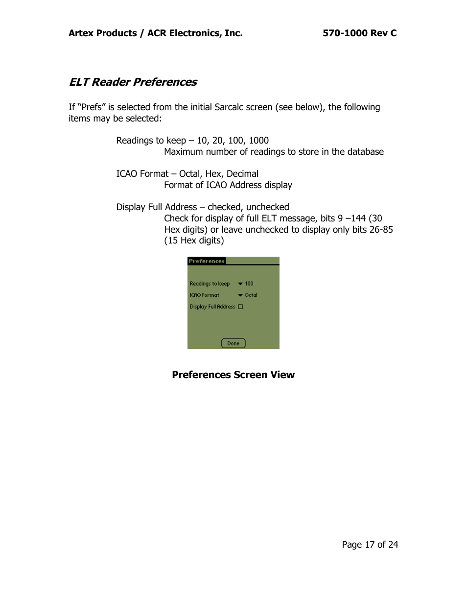 Elt reader preferences, Preferences screen view | ACR&Artex ELT Test Set (ETS) User Manual | Page 21 / 28
