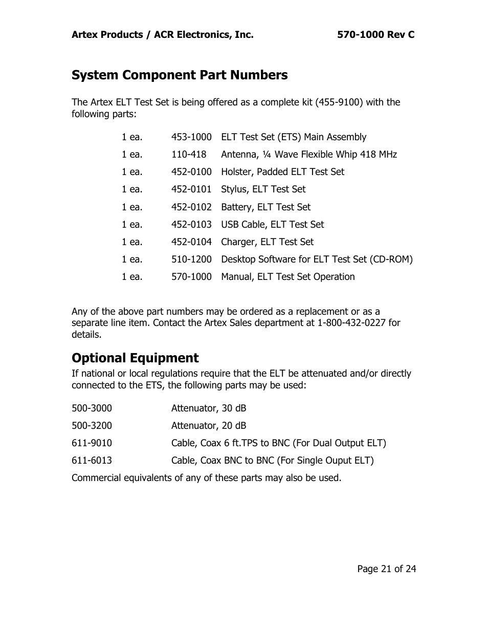 System component part numbers, Optional equipment | ACR&Artex ELT Test Set (ETS) User Manual | Page 25 / 28