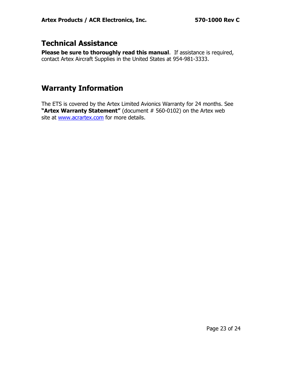 Technical assistance, Warranty information | ACR&Artex ELT Test Set (ETS) User Manual | Page 27 / 28