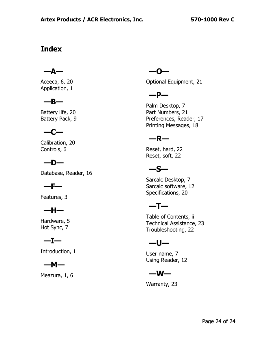 Index | ACR&Artex ELT Test Set (ETS) User Manual | Page 28 / 28