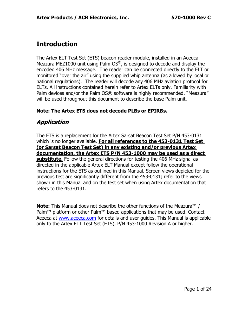Introduction, Application | ACR&Artex ELT Test Set (ETS) User Manual | Page 5 / 28