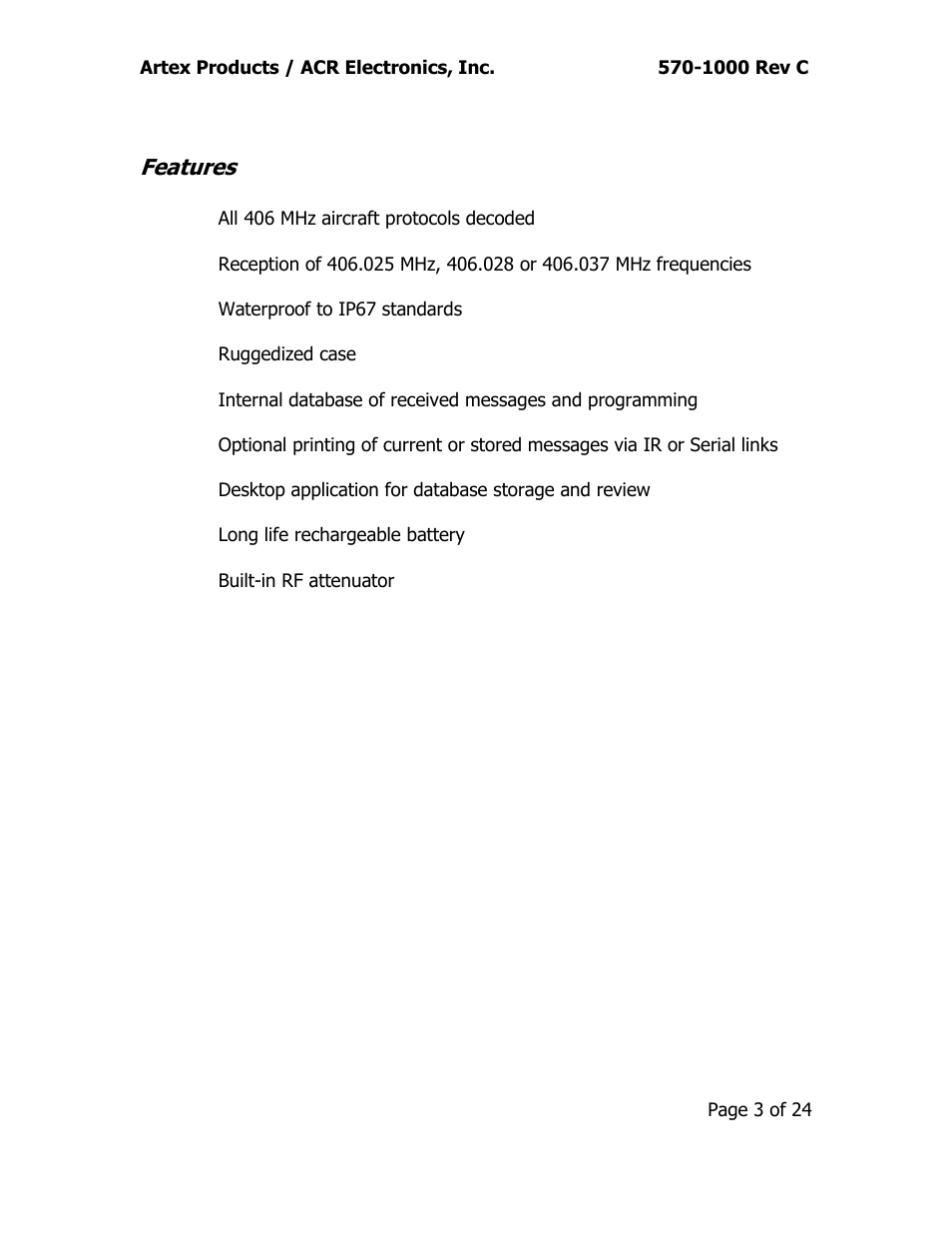 Features | ACR&Artex ELT Test Set (ETS) User Manual | Page 7 / 28