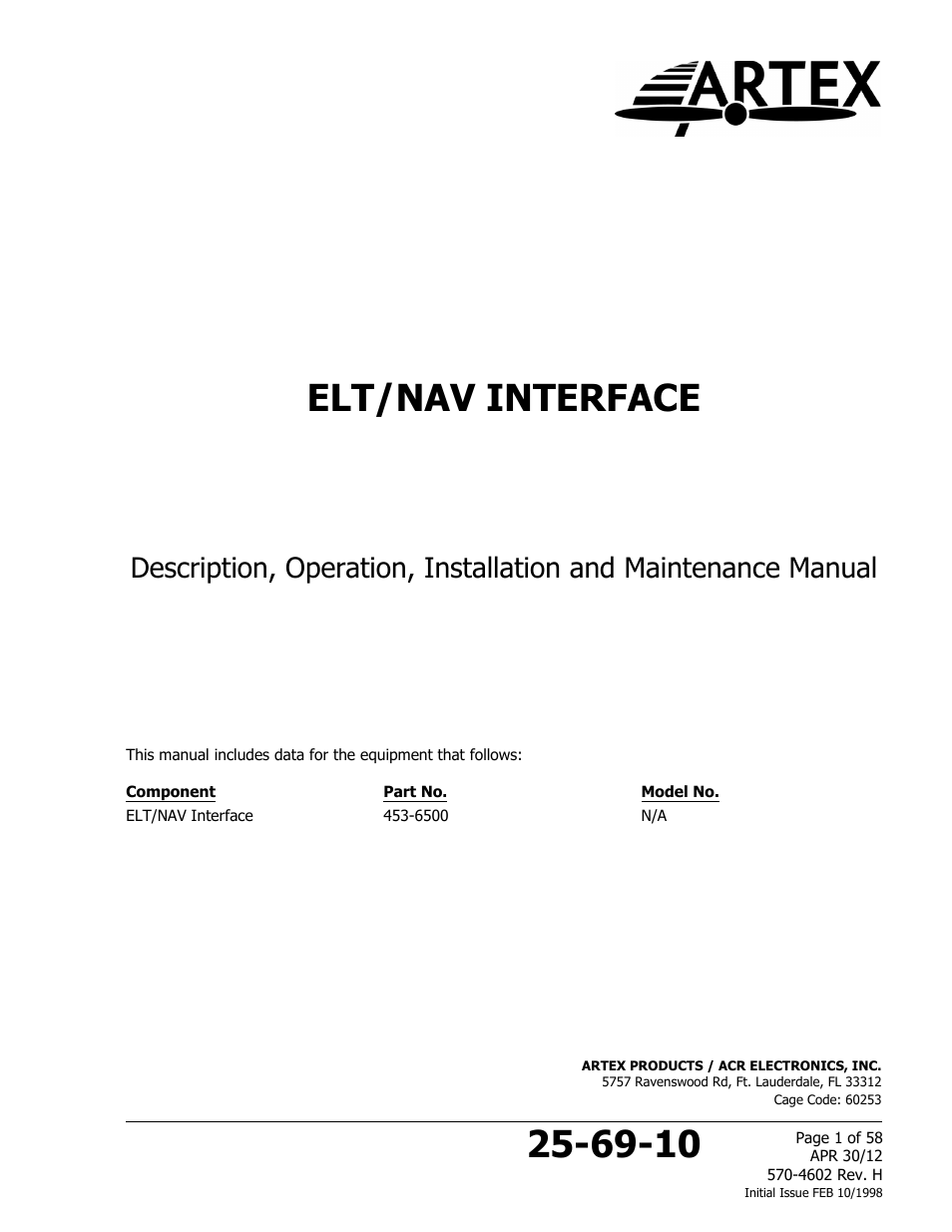 ACR&Artex ELT to Nav Interface User Manual | 58 pages