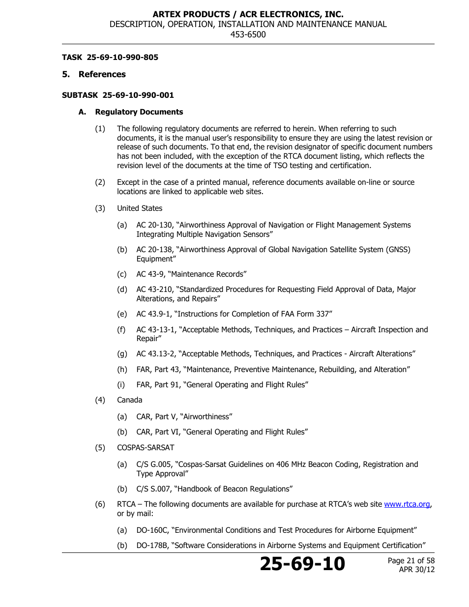 References, A. regulatory documents | ACR&Artex ELT to Nav Interface User Manual | Page 21 / 58