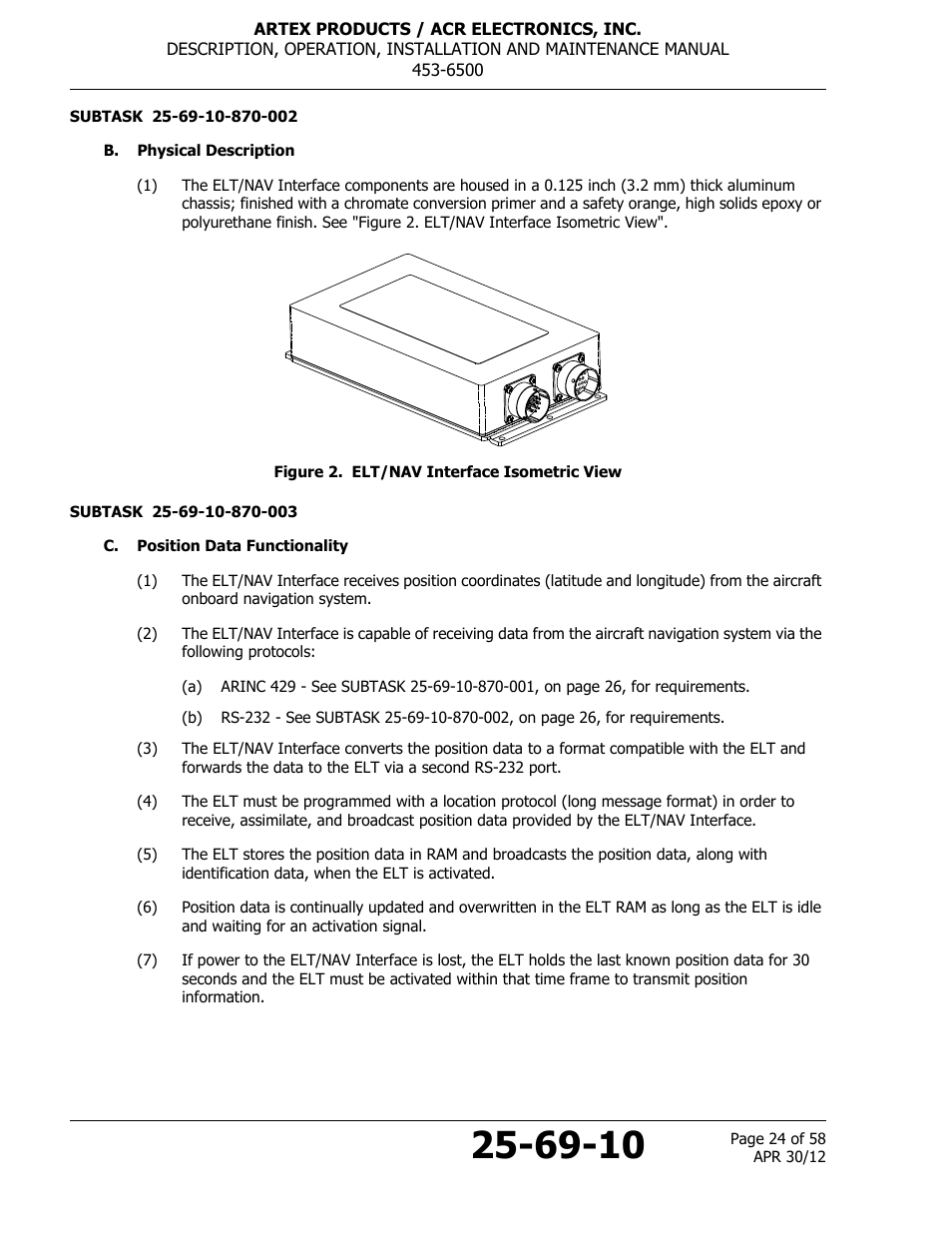 B. physical description, Figure 2. elt/nav interface isometric view, C. position data functionality | ACR&Artex ELT to Nav Interface User Manual | Page 24 / 58