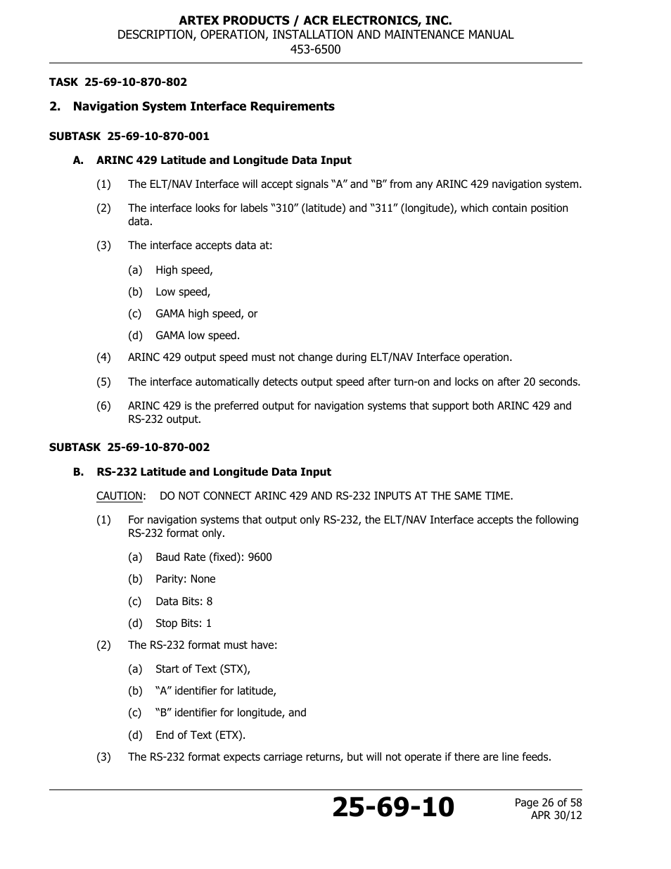 Navigation system interface requirements, A. arinc 429 latitude and longitude data input, B. rs-232 latitude and longitude data input | ACR&Artex ELT to Nav Interface User Manual | Page 26 / 58