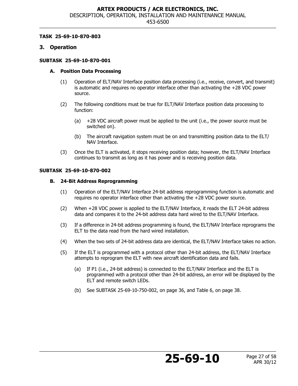 Operation, A. position data processing, B. 24-bit address reprogramming | ACR&Artex ELT to Nav Interface User Manual | Page 27 / 58