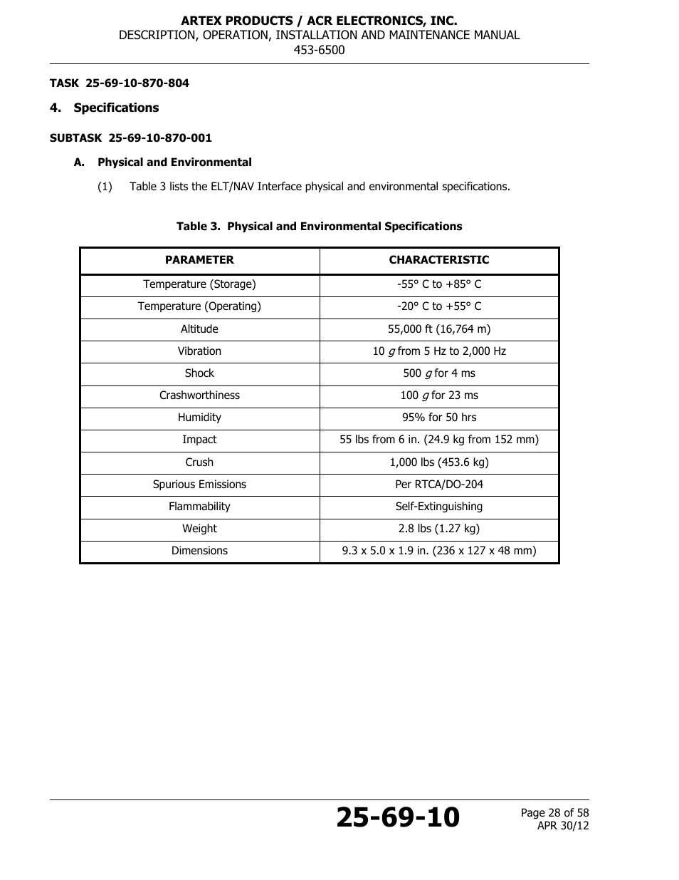 Specifications, A. physical and environmental, Table 3. physical and environmental specifications | ACR&Artex ELT to Nav Interface User Manual | Page 28 / 58