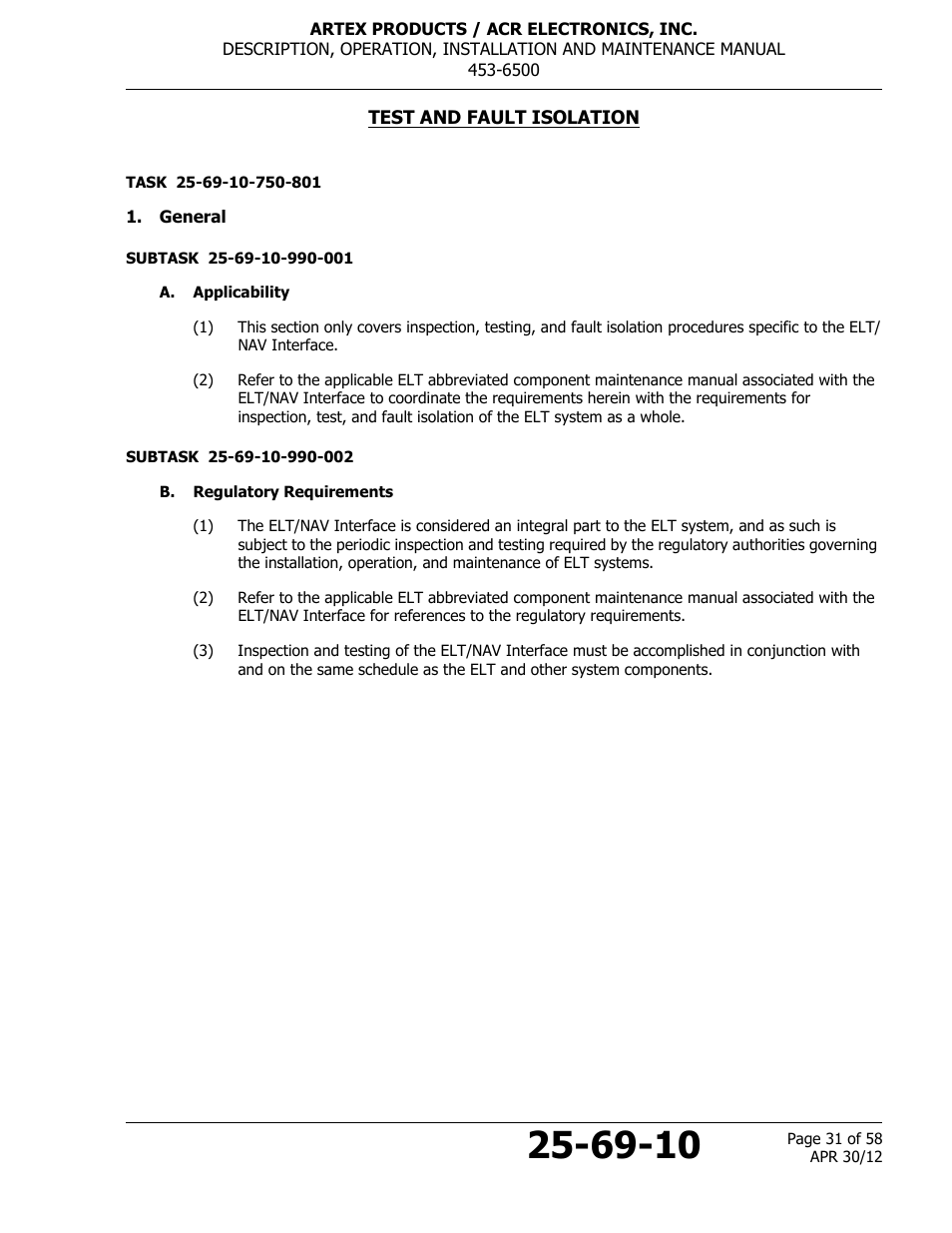 Test and fault isolation, General, A. applicability | B. regulatory requirements | ACR&Artex ELT to Nav Interface User Manual | Page 31 / 58