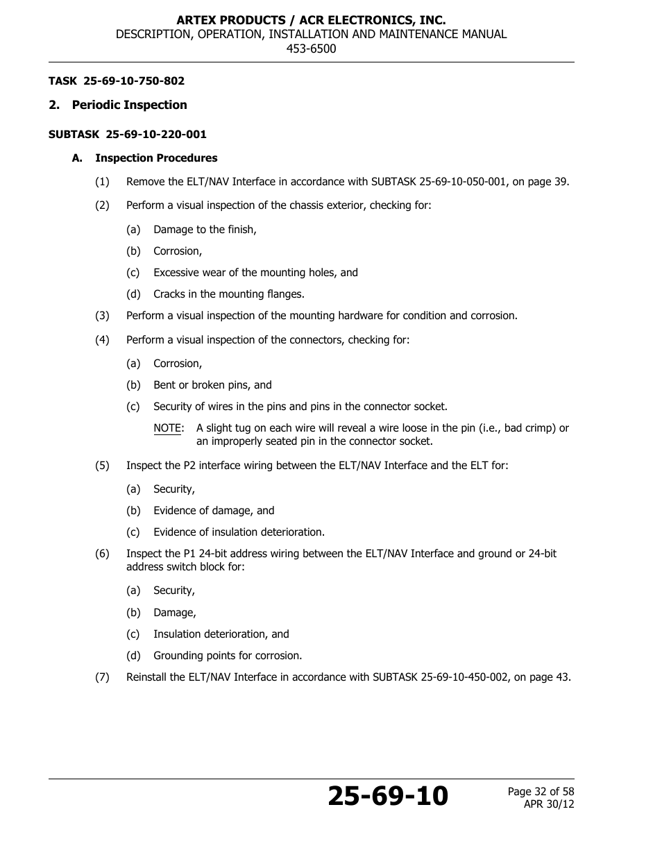 Periodic inspection, A. inspection procedures | ACR&Artex ELT to Nav Interface User Manual | Page 32 / 58