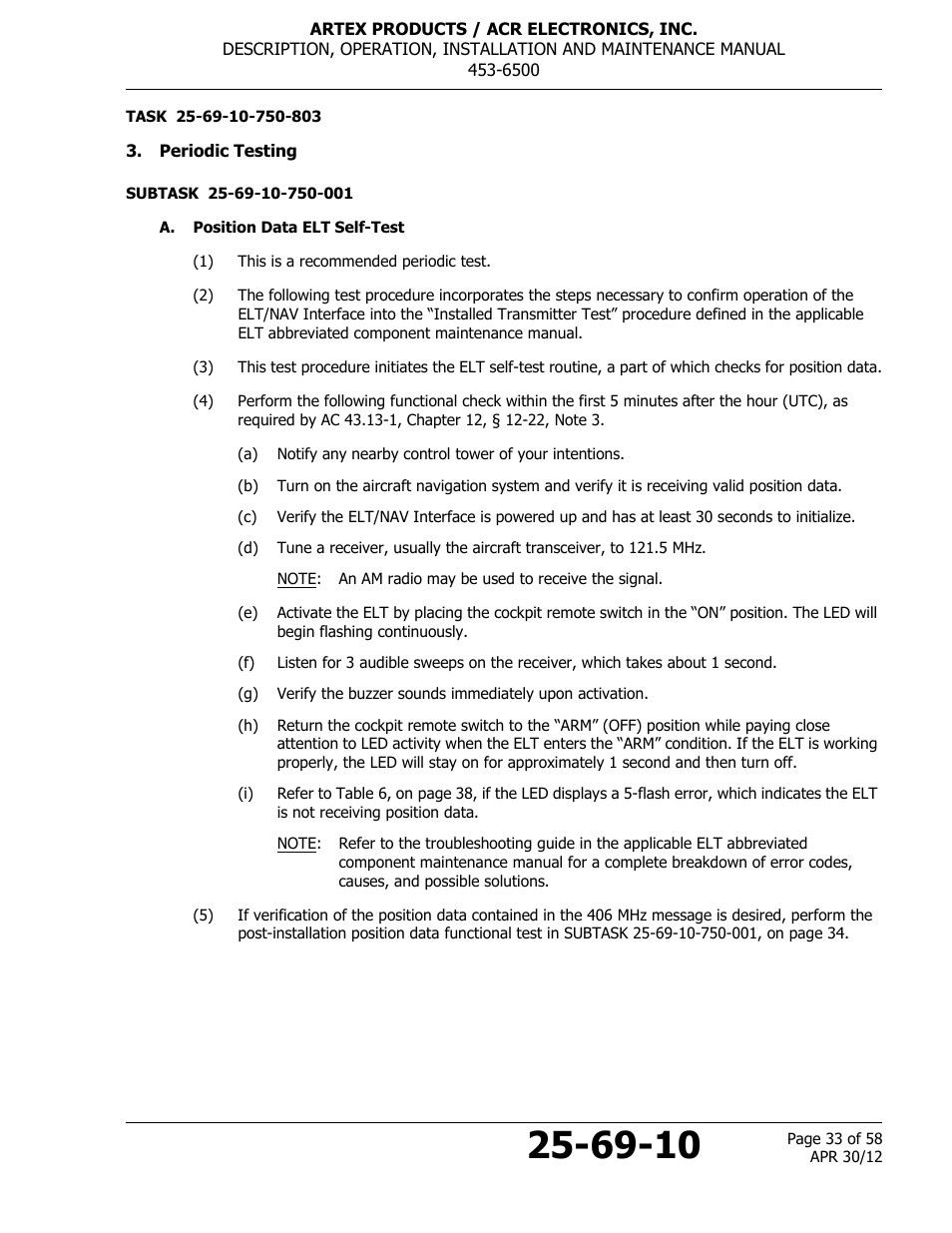 Periodic testing, A. position data elt self-test | ACR&Artex ELT to Nav Interface User Manual | Page 33 / 58