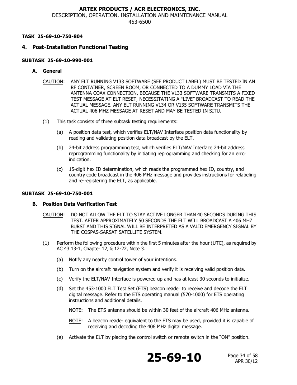 Post-installation functional testing, A. general, B. position data verification test | ACR&Artex ELT to Nav Interface User Manual | Page 34 / 58