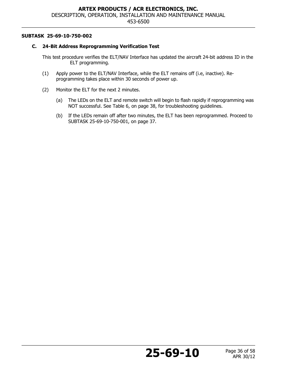 C. 24-bit address reprogramming verification test | ACR&Artex ELT to Nav Interface User Manual | Page 36 / 58