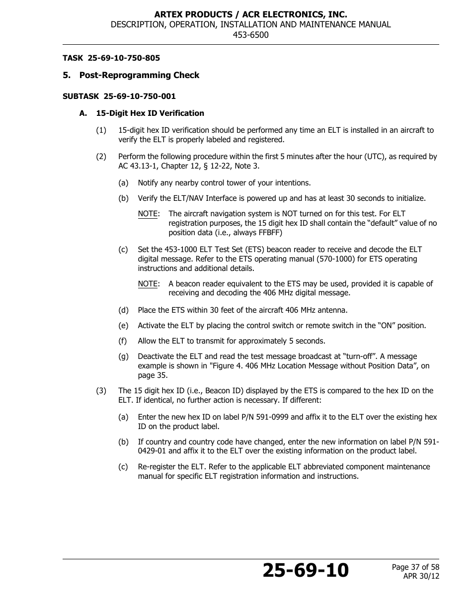 Post-reprogramming check, A. 15-digit hex id verification | ACR&Artex ELT to Nav Interface User Manual | Page 37 / 58