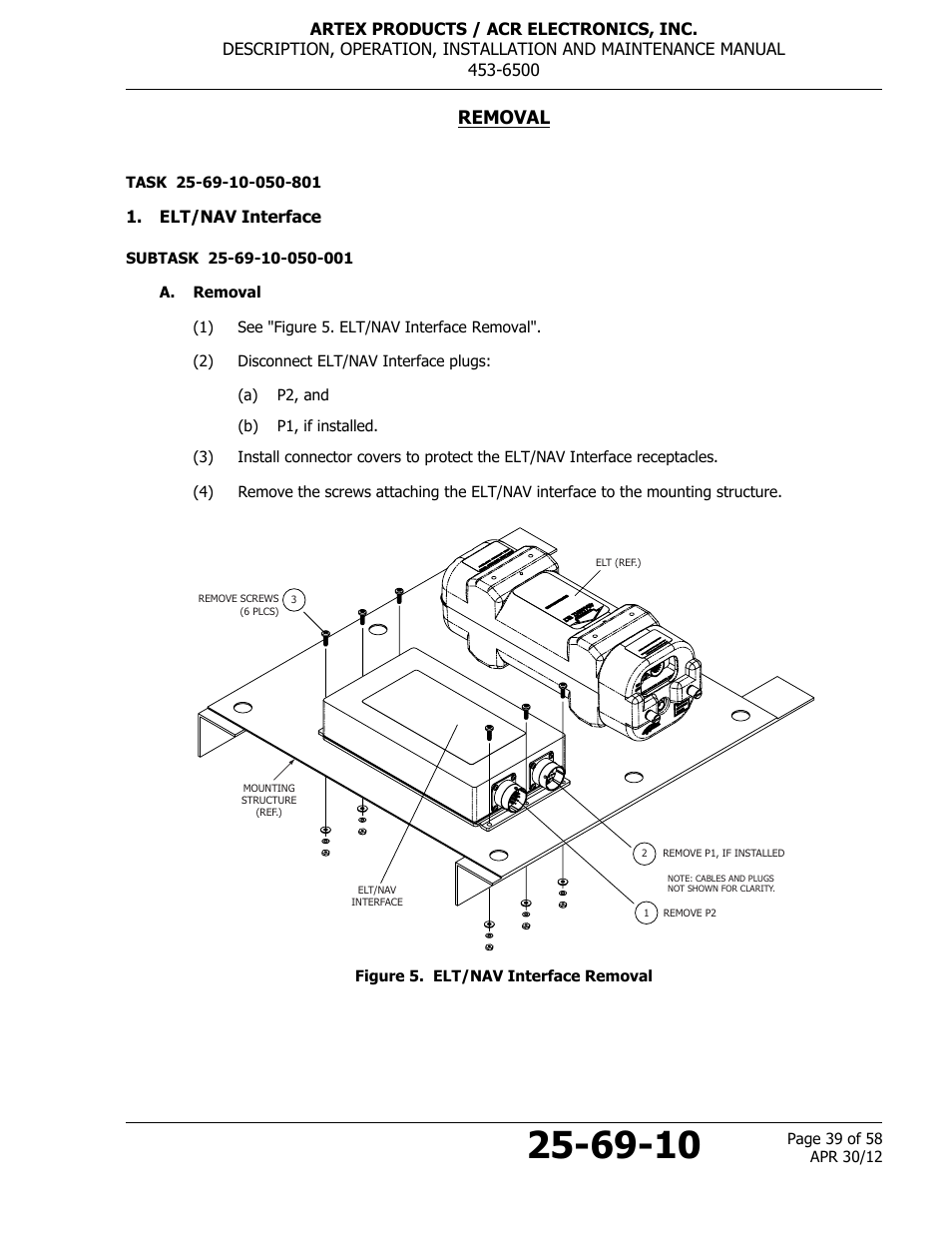 Removal, Elt/nav interface, A. removal | Figure 5. elt/nav interface removal | ACR&Artex ELT to Nav Interface User Manual | Page 39 / 58