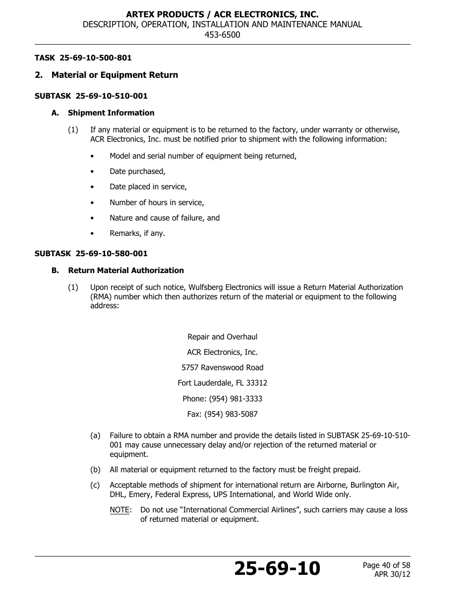 Material or equipment return, A. shipment information, B. return material authorization | ACR&Artex ELT to Nav Interface User Manual | Page 40 / 58