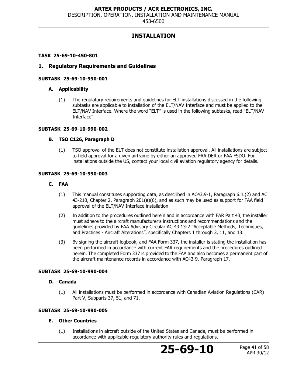 Installation, Regulatory requirements and guidelines, A. applicability | B. tso c126, paragraph d, C. faa, D. canada, E. other countries | ACR&Artex ELT to Nav Interface User Manual | Page 41 / 58