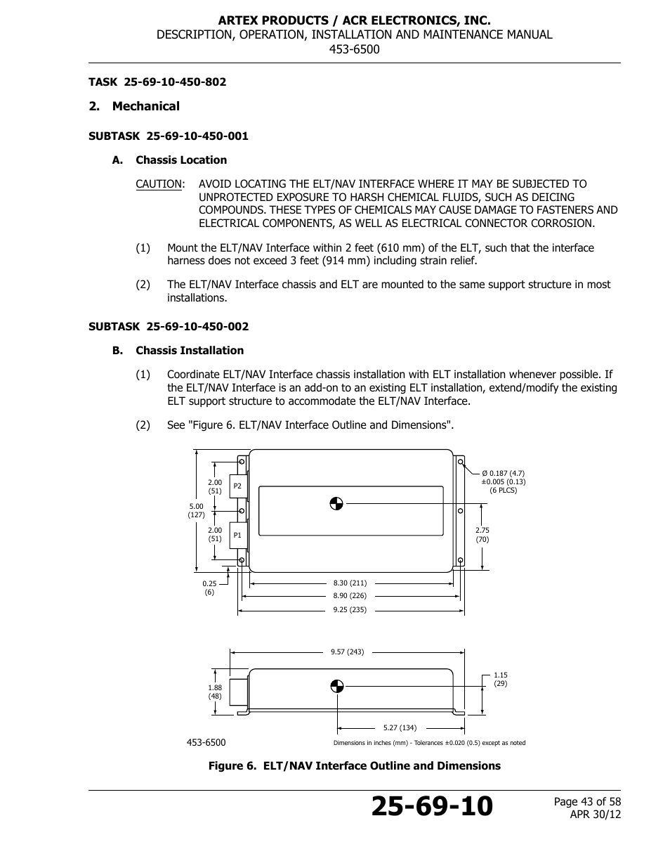 Mechanical, A. chassis location, B. chassis installation | Figure 6. elt/nav interface outline and dimensions | ACR&Artex ELT to Nav Interface User Manual | Page 43 / 58