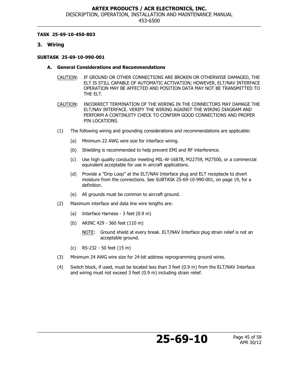 Wiring, A. general considerations and recommendations | ACR&Artex ELT to Nav Interface User Manual | Page 45 / 58