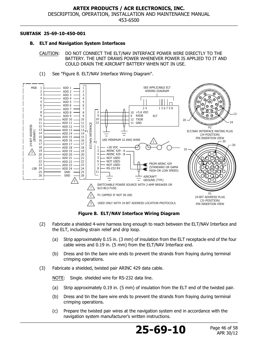 B. elt and navigation system interfaces, Figure 8. elt/nav interface wiring diagram | ACR&Artex ELT to Nav Interface User Manual | Page 46 / 58
