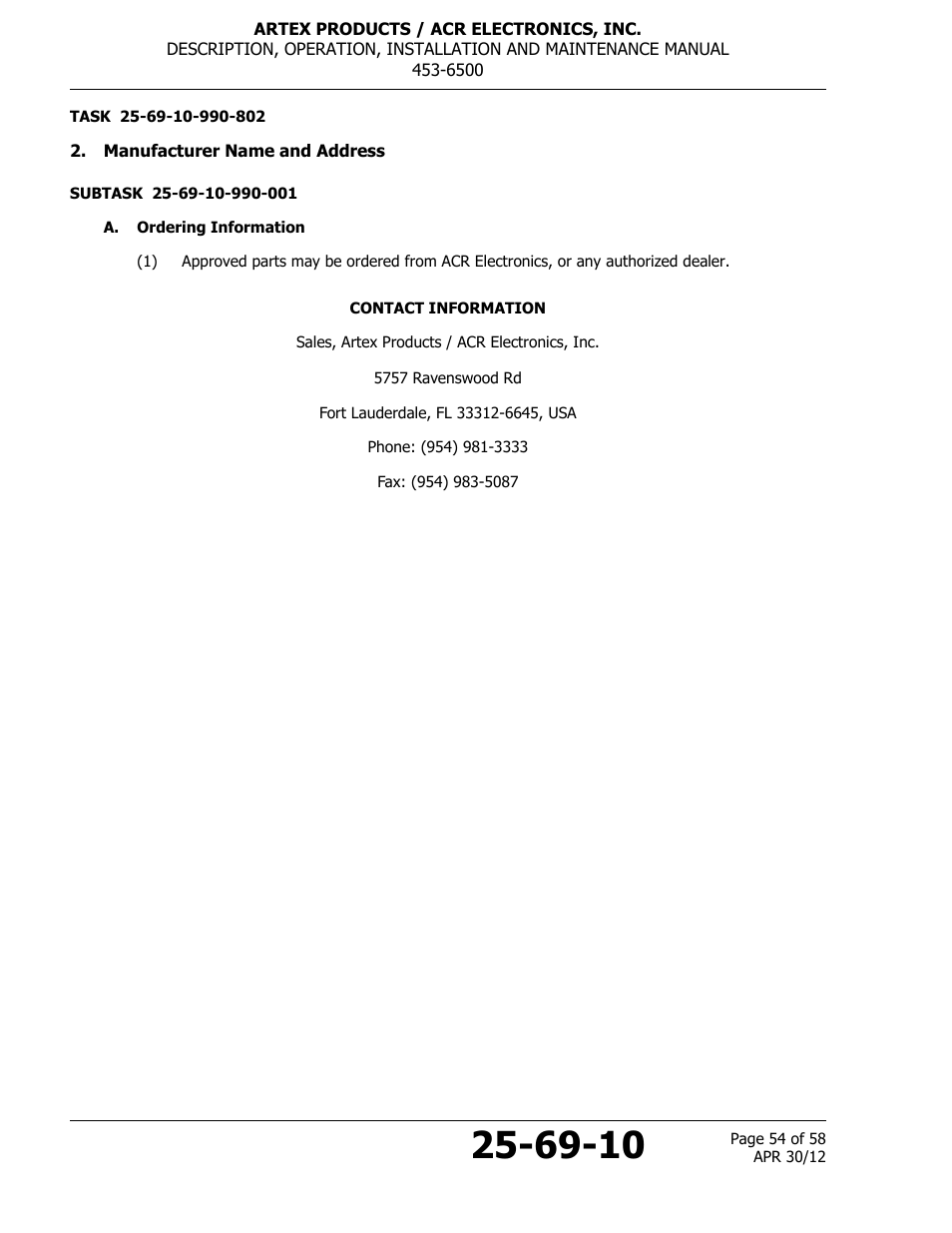 Manufacturer name and address, A. ordering information | ACR&Artex ELT to Nav Interface User Manual | Page 54 / 58