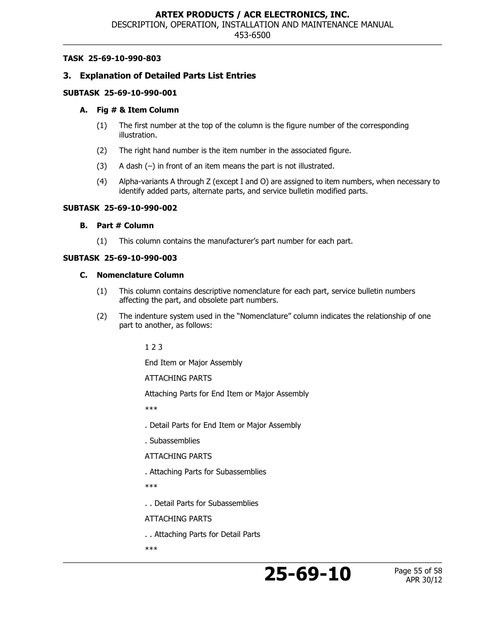 Explanation of detailed parts list entries, A. fig # & item column, B. part # column | C. nomenclature column | ACR&Artex ELT to Nav Interface User Manual | Page 55 / 58