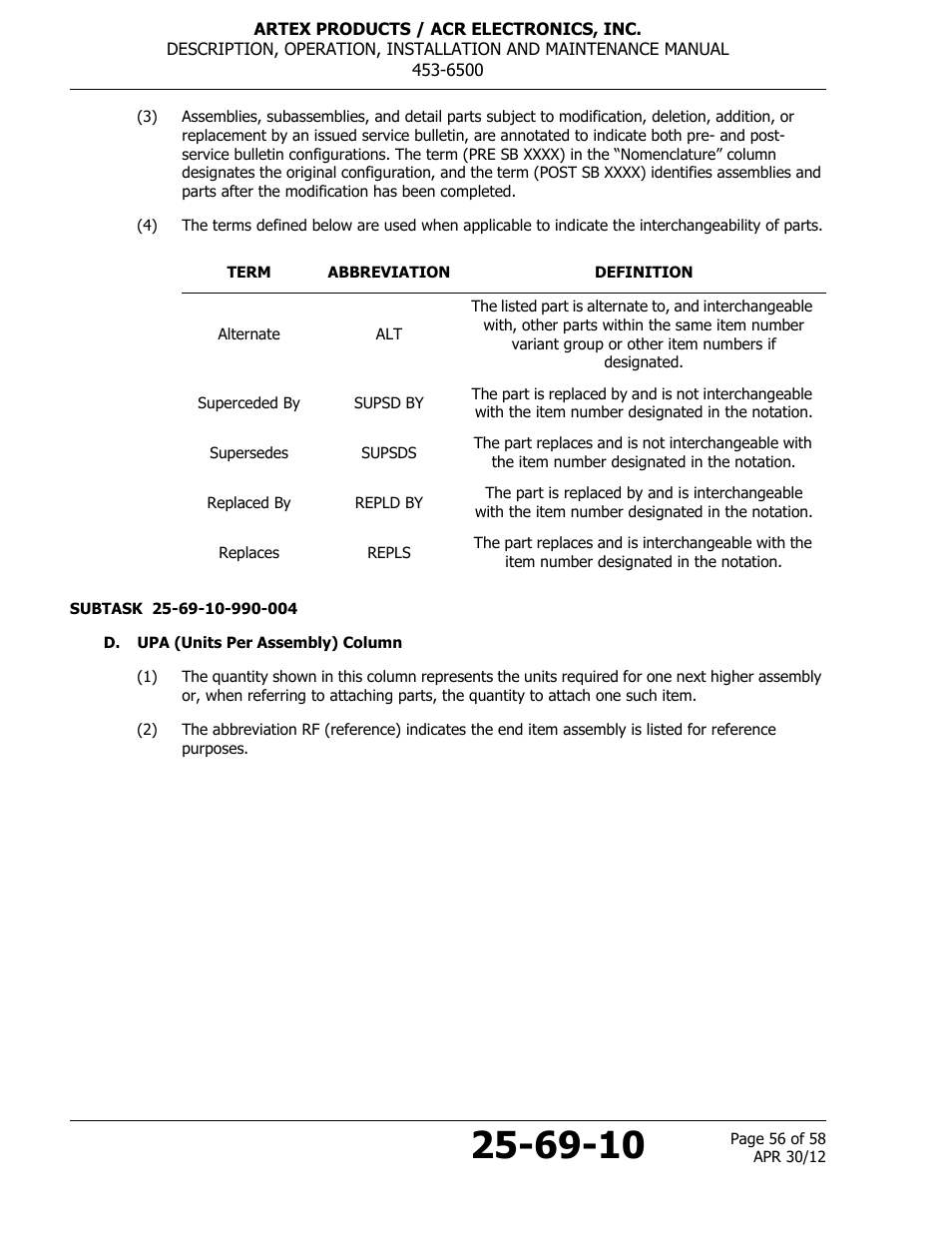 D. upa (units per assembly) column | ACR&Artex ELT to Nav Interface User Manual | Page 56 / 58