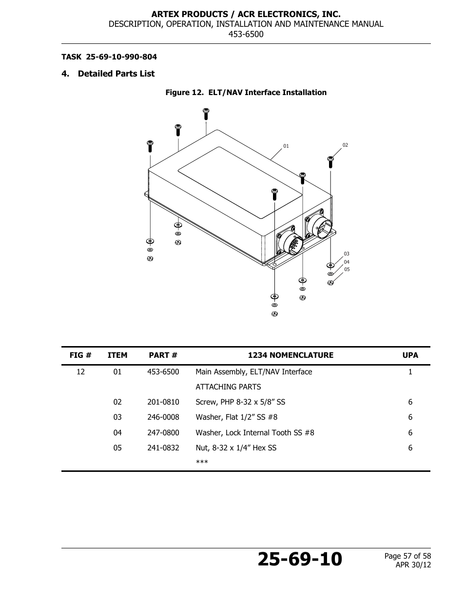 Detailed parts list, Figure 12. elt/nav interface installation | ACR&Artex ELT to Nav Interface User Manual | Page 57 / 58