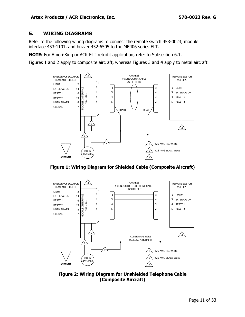 Wiring diagrams, Artex products / acr electronics, inc, 0023 rev. g | Page 11 of 33 | ACR&Artex ME406 ACE 455-0023 User Manual | Page 11 / 33