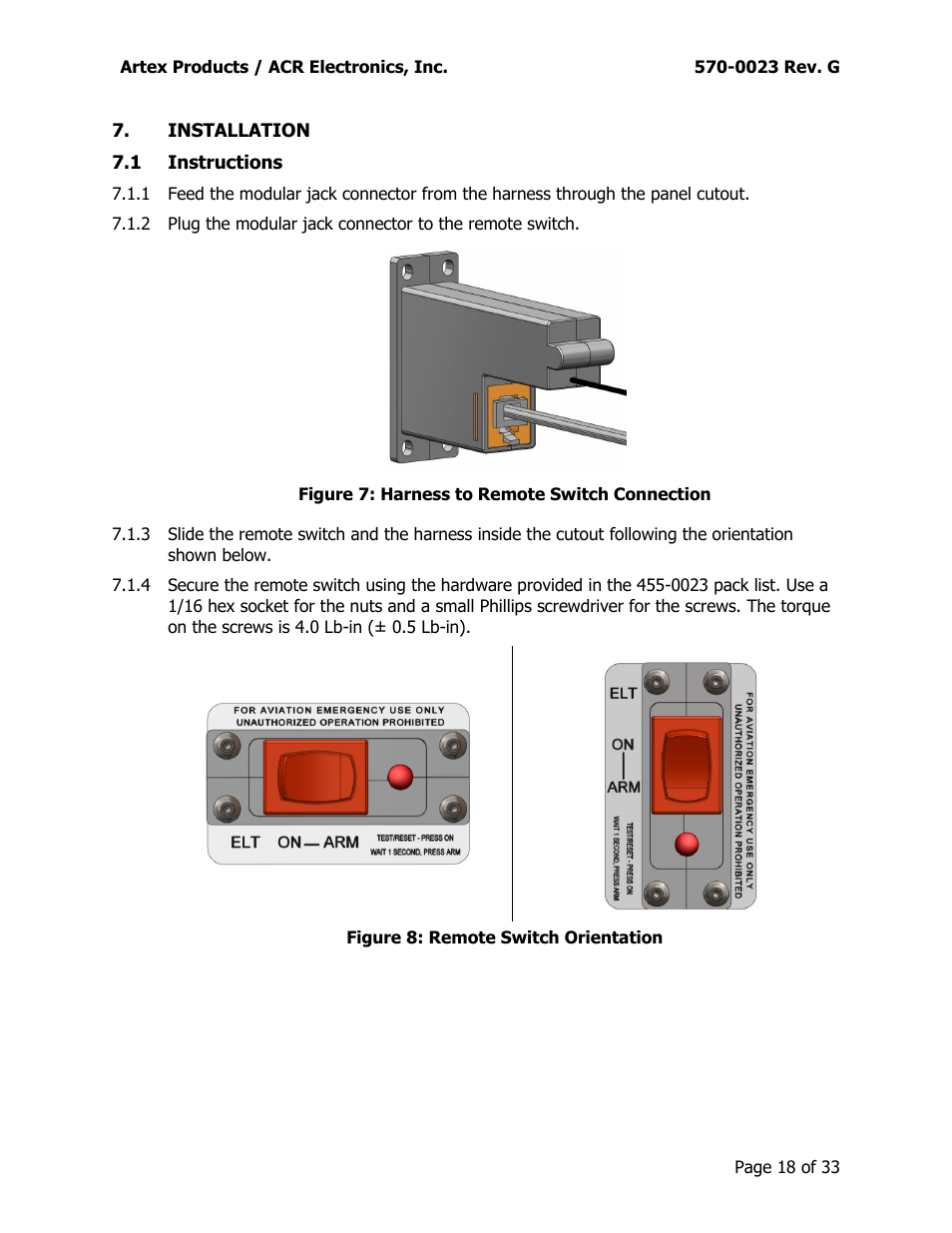 Installation, Nstructions, Figure 7: harness to remote switch connection | Figure 8: remote switch orientation | ACR&Artex ME406 ACE 455-0023 User Manual | Page 18 / 33