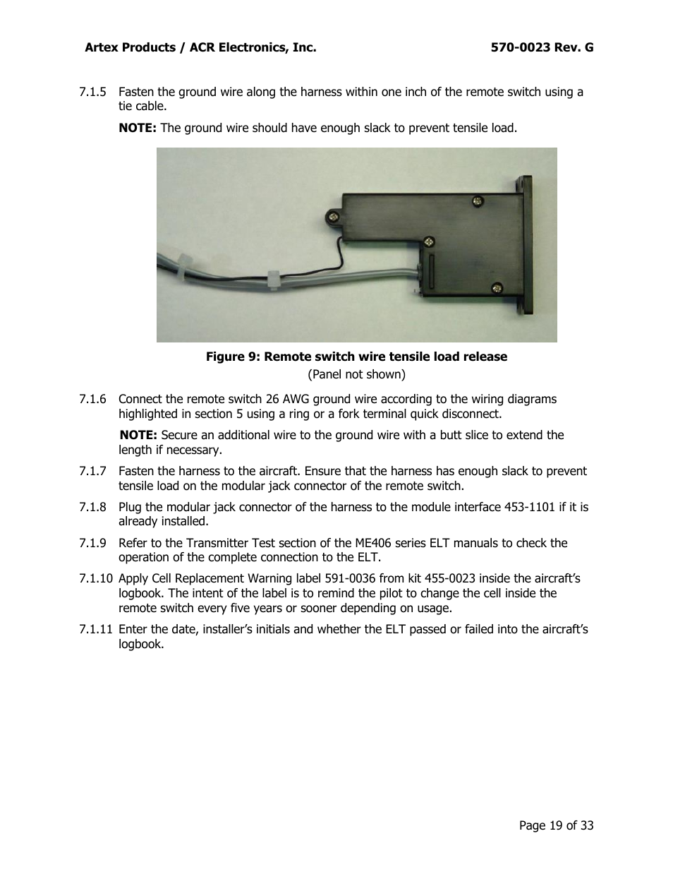 Figure 9: remote switch wire tensile load release | ACR&Artex ME406 ACE 455-0023 User Manual | Page 19 / 33