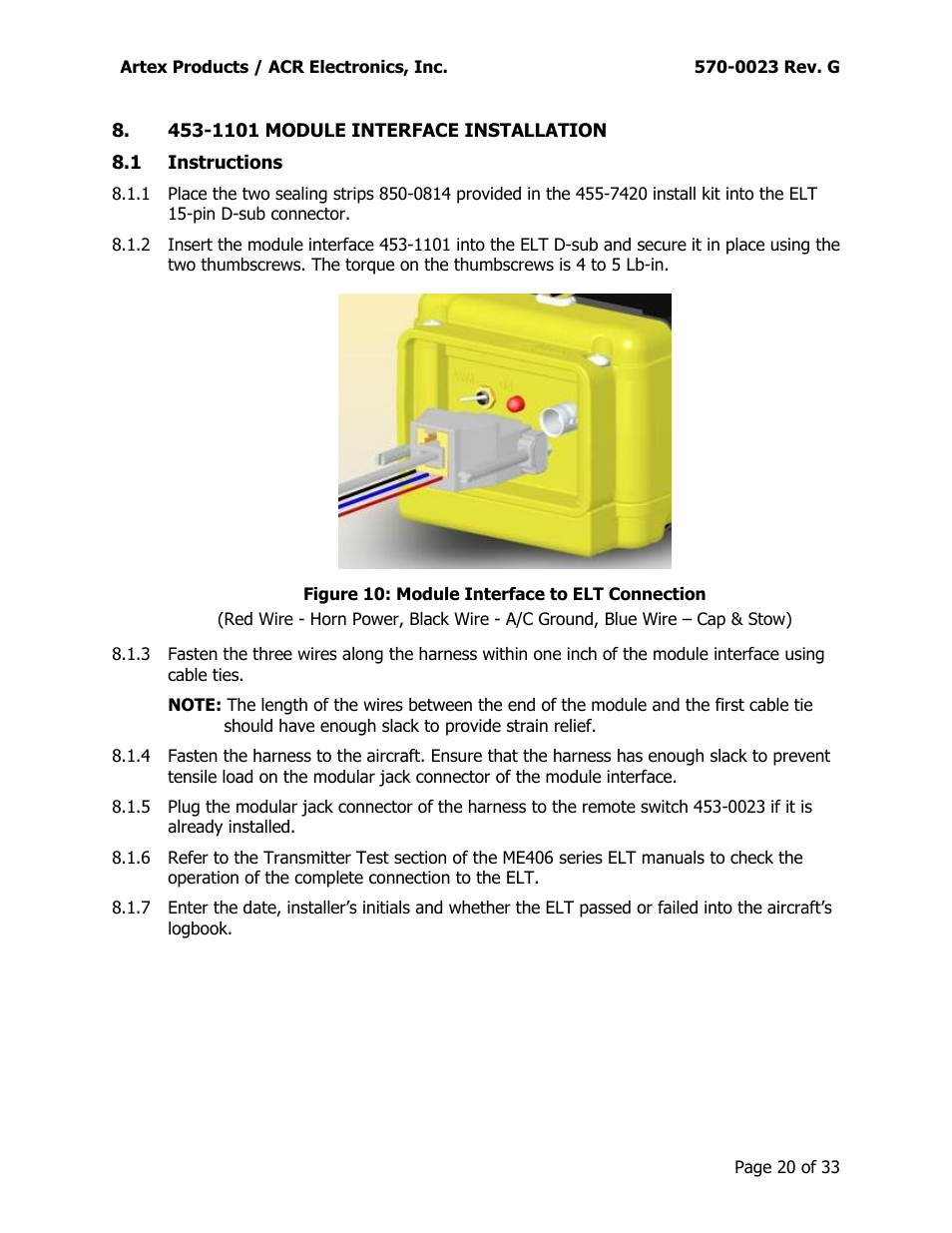 1101 module interface installation, Nstructions, Figure 10: module interface to elt connection | ACR&Artex ME406 ACE 455-0023 User Manual | Page 20 / 33