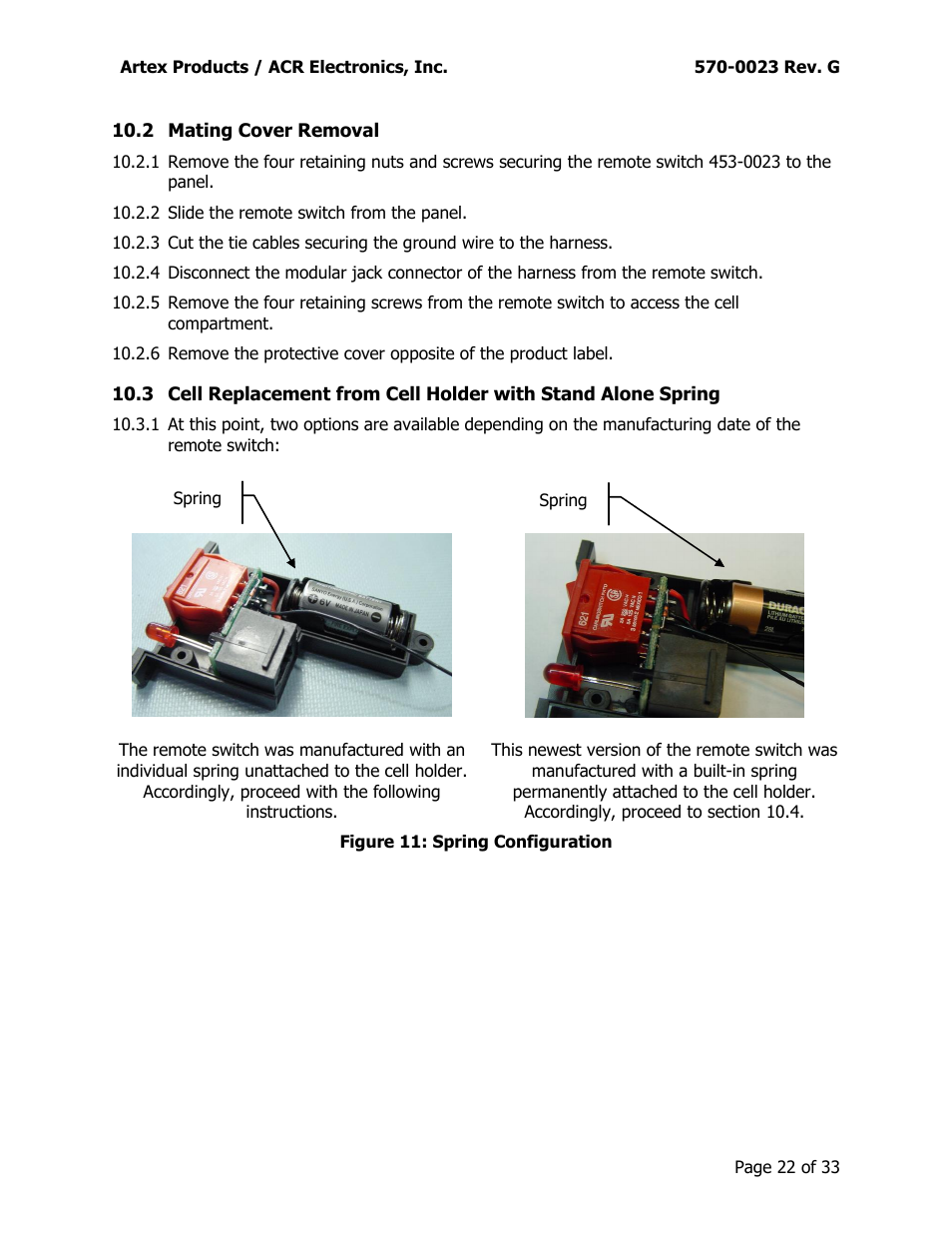 Ating, Over, Emoval | Eplacement from, Older with, Tand, Lone, Pring, Figure 11: spring configuration | ACR&Artex ME406 ACE 455-0023 User Manual | Page 22 / 33