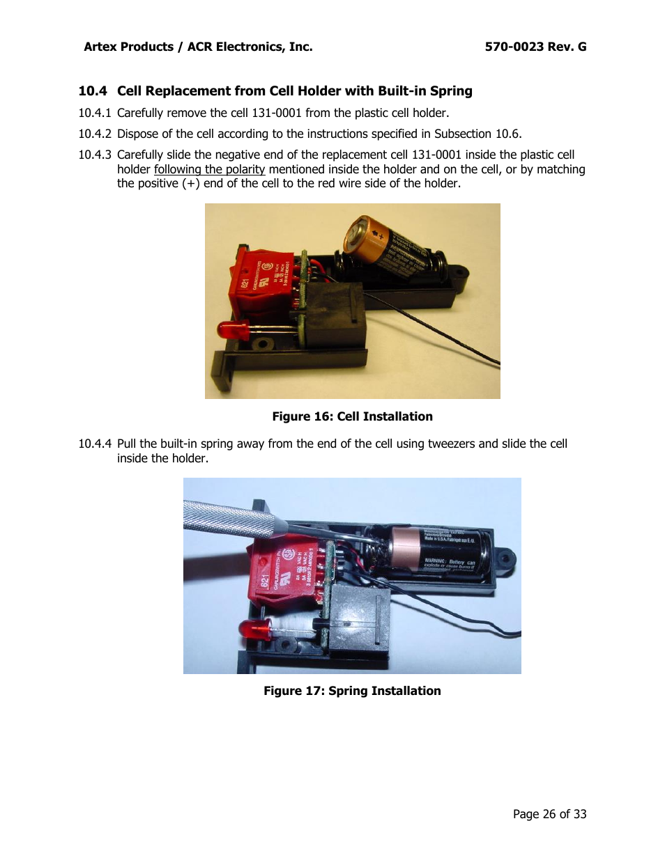 Eplacement from, Older with, Uilt | Pring, Figure 16: cell installation, Figure 17: spring installation | ACR&Artex ME406 ACE 455-0023 User Manual | Page 26 / 33