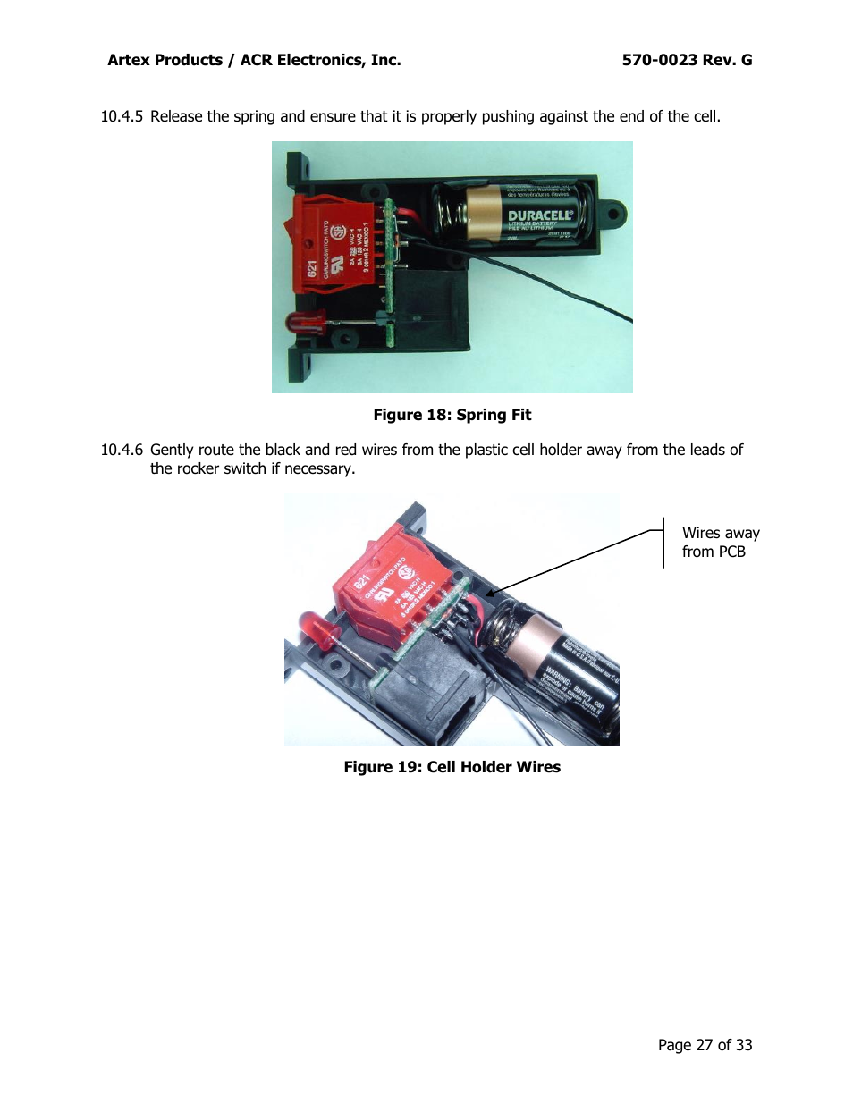 Figure 18: spring fit, Figure 19: cell holder wires | ACR&Artex ME406 ACE 455-0023 User Manual | Page 27 / 33