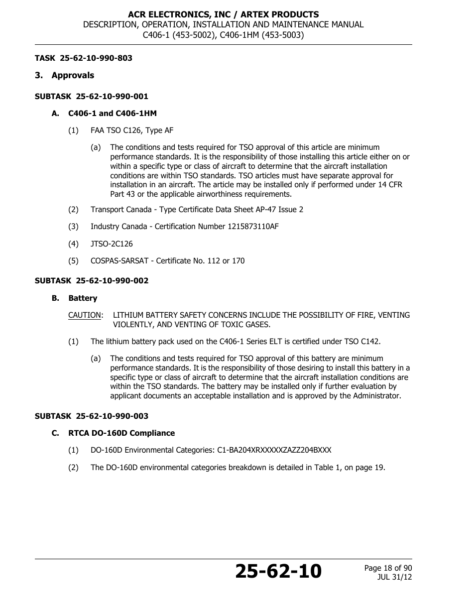 Approvals, A. c406-1 and c406-1hm, B. battery | C. rtca do-160d compliance | ACR&Artex C406-1 User Manual | Page 18 / 90