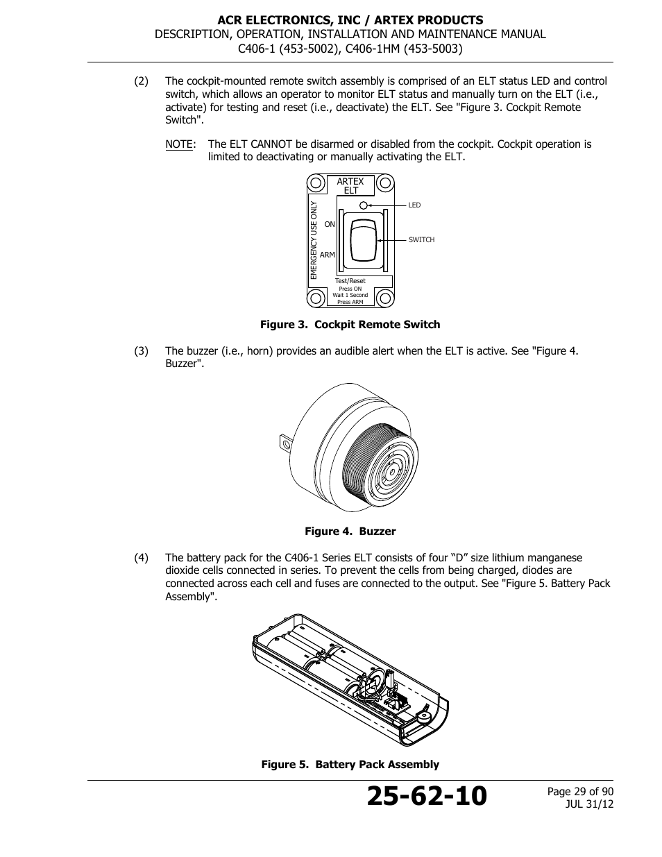 Figure 3. cockpit remote switch, Figure 4. buzzer, Figure 5. battery pack assembly | ACR&Artex C406-1 User Manual | Page 29 / 90