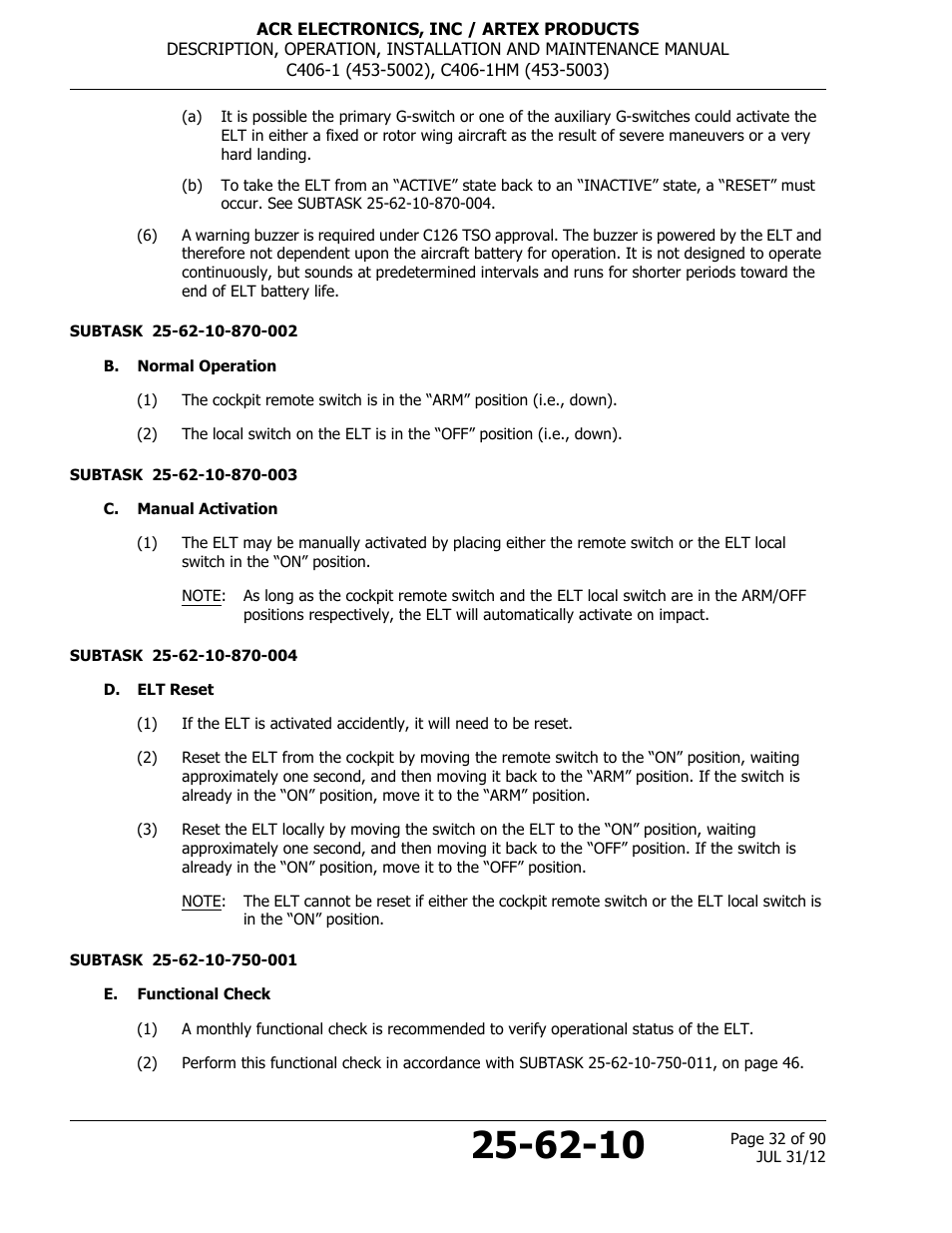 B. normal operation, C. manual activation, D. elt reset | E. functional check | ACR&Artex C406-1 User Manual | Page 32 / 90