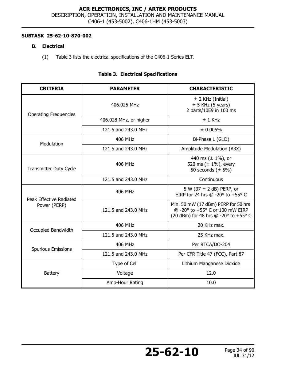 B. electrical, Table 3. electrical specifications | ACR&Artex C406-1 User Manual | Page 34 / 90