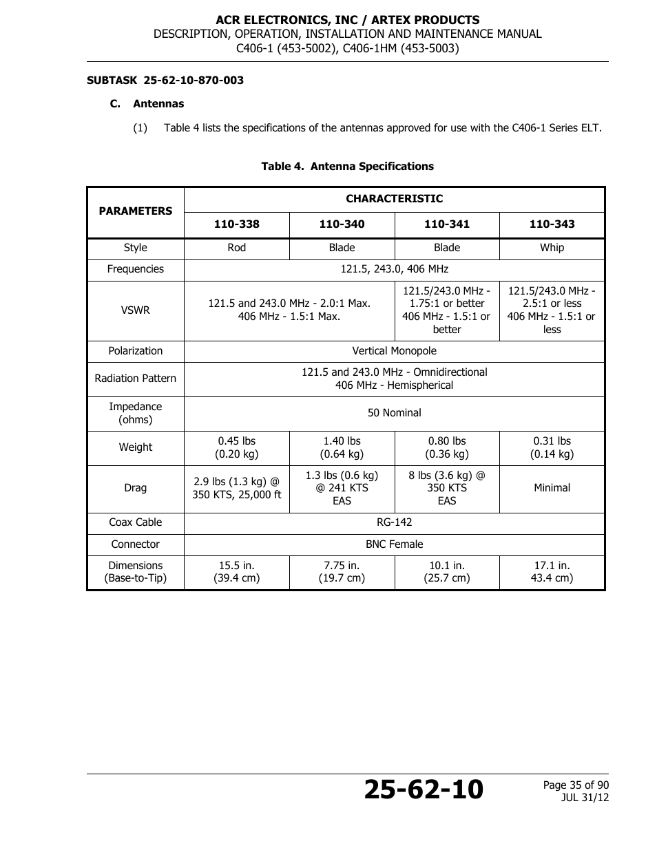 C. antennas, Table 4. antenna specifications | ACR&Artex C406-1 User Manual | Page 35 / 90